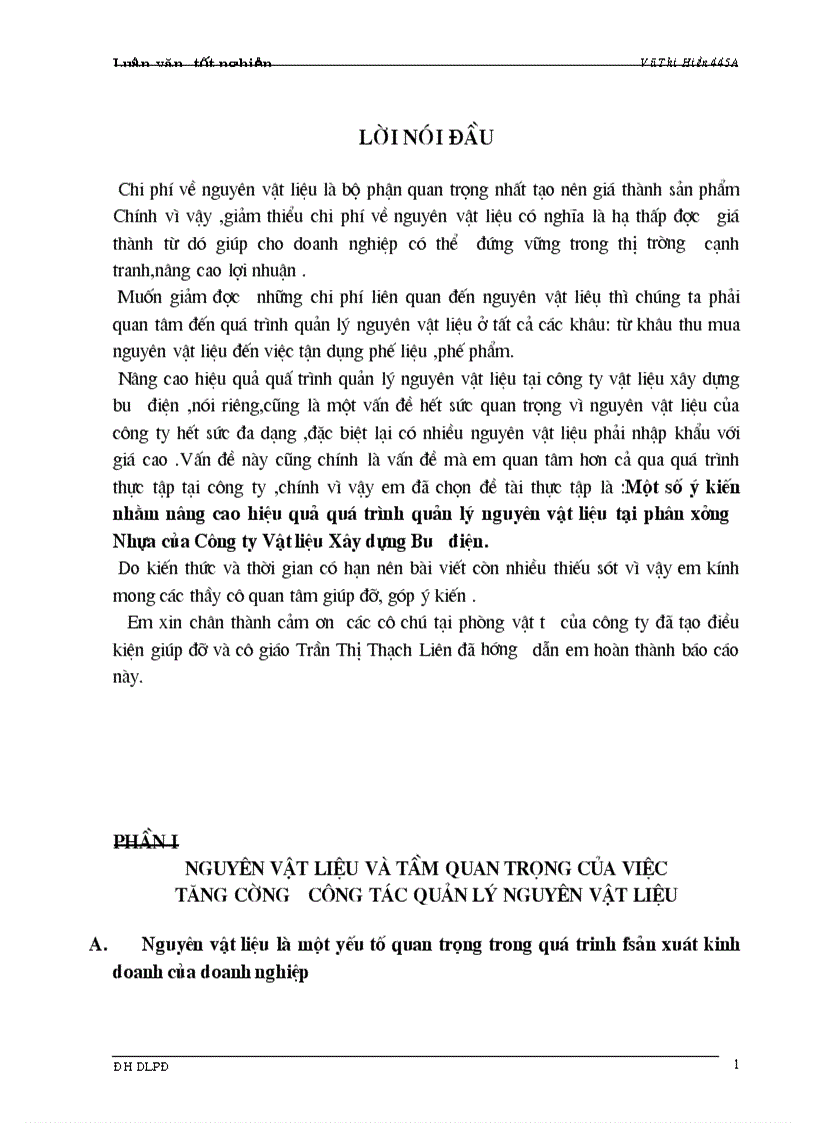 Một số ý kiến nhằm nâng cao hiệu quả quá trình quản lý nguyên vật liệu tại phân xưởng Nhựa của Công ty Vật liệu Xây dựng Bưu điện 1