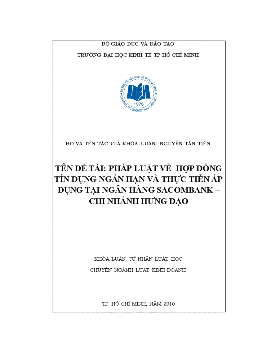 Pháp luật về hợp đồng tín dụng ngắn hạn và thực tiễn áp dụng tại ngân hàng sacombank chi nhánh HƯNG ĐẠO