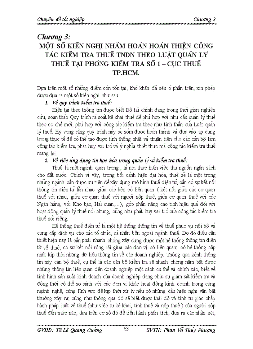 Một số kiến nghị nhằm hoàn hoàn thiện công tác kiểm tra thuế tndn theo luật quản lý thuế tại phòng kiểm tra số 1 cục thuế tp hcm