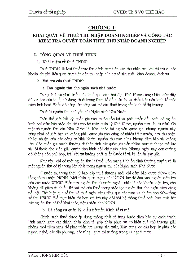 Tình hình quản lý thuế tndn và công tác kiểm tra quyết toán thuế tndn tại chi cục thuế quận 1 1