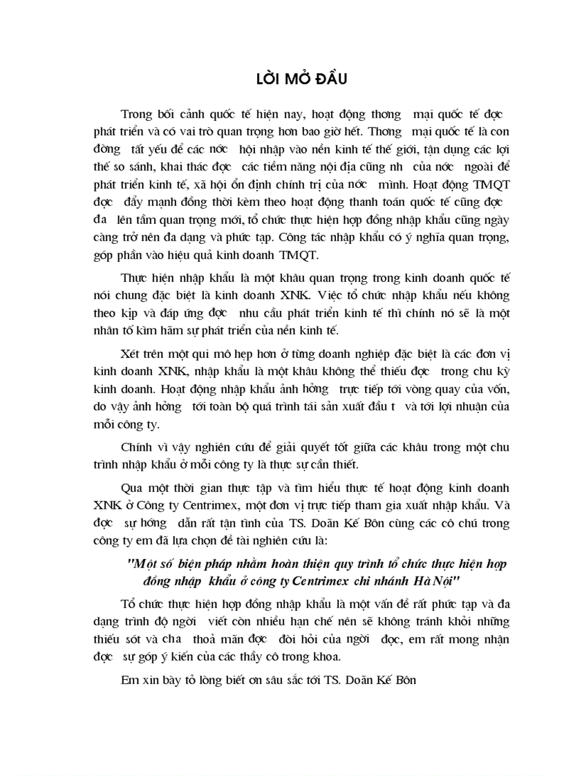 Một số biện pháp nhằm hoàn thiện quy trình tổ chức thực hiện hợp đồng nhập khẩu ở công ty Centrimex chi nhánh Hà Nội