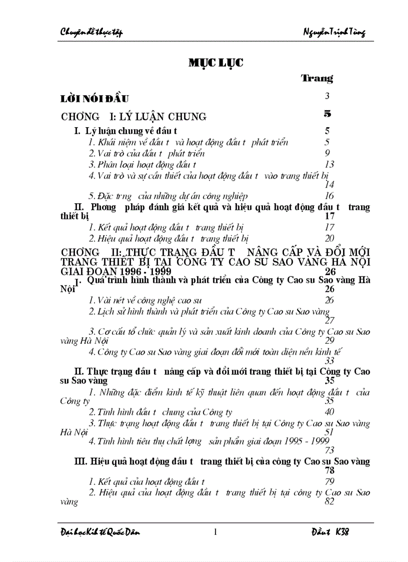 Thực trạng và một số giải pháp nâng cao hiệu quả đầu tư nâng cấp và đổi mới trang thiết bị tại Công ty cao su Sao Vàng Hà nội giai đoạn 1996 1999 1