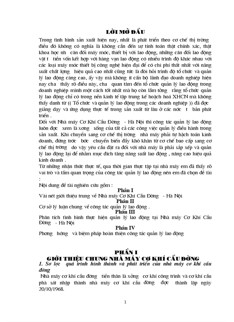 Phân tích tình hình thực hiện quản lý lao động tại Nhà máy Cơ Khí Cầu Đường Hà Nội 1