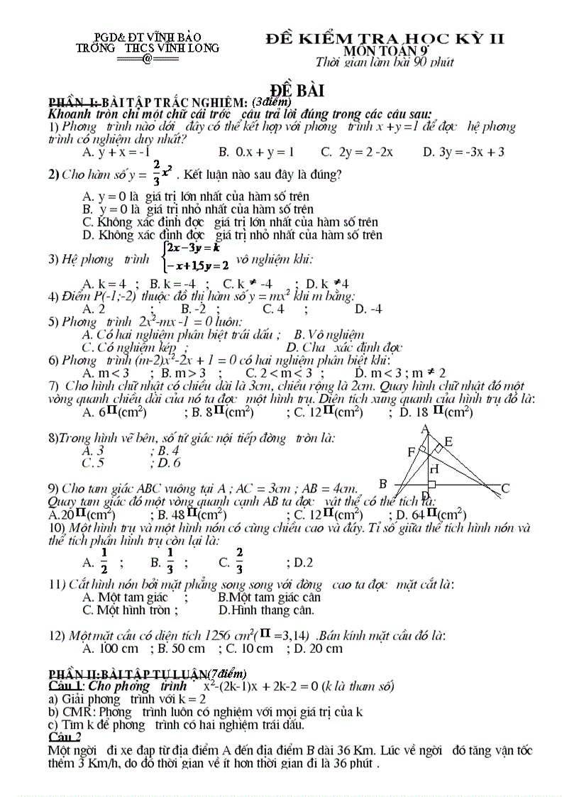 Đề KT học kì II toán 9 chuẩn KT