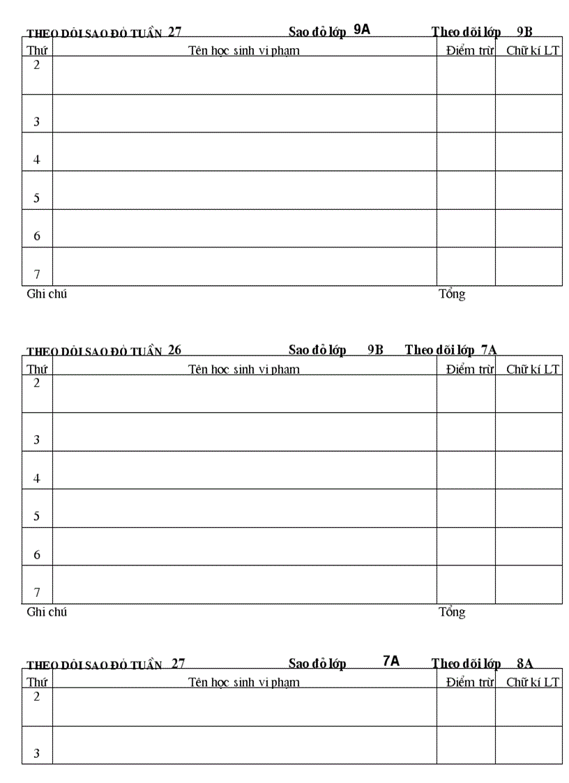 Phiếu theo dõi sao đỏ hàng tuần