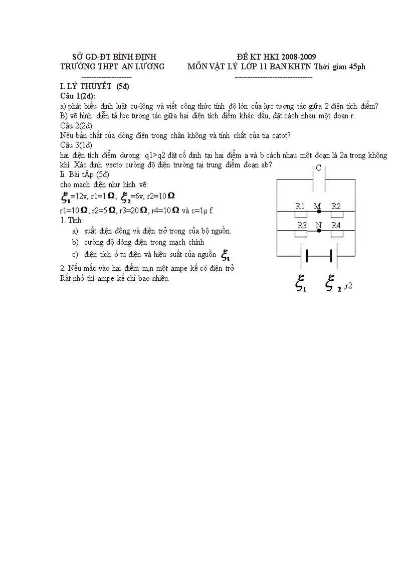 Đề thi HKI trường THPT an lương môn Vật lý khối 11 nâng cao