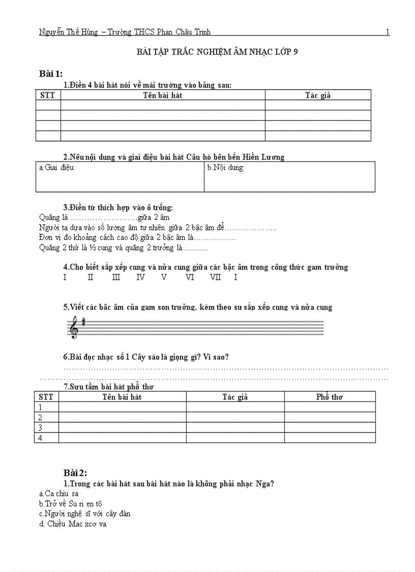 Đề kiểm tra trắc nghiệm âm nhạc 9