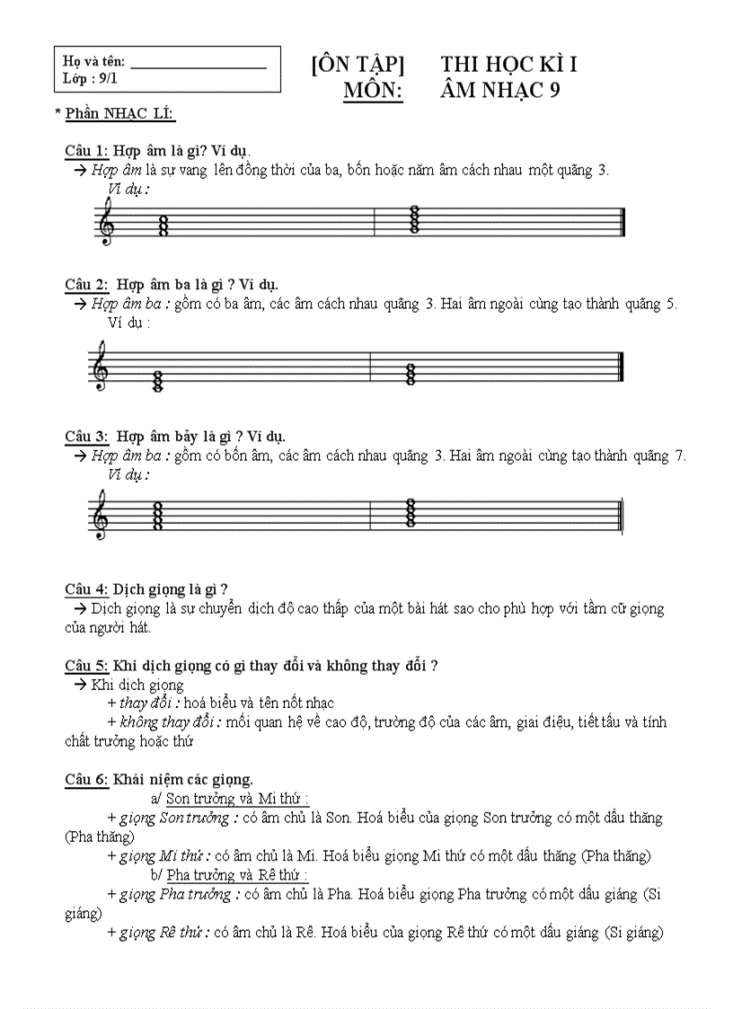 Lớp 9 Đề cương âm nhạc học kì 1 lớp 9