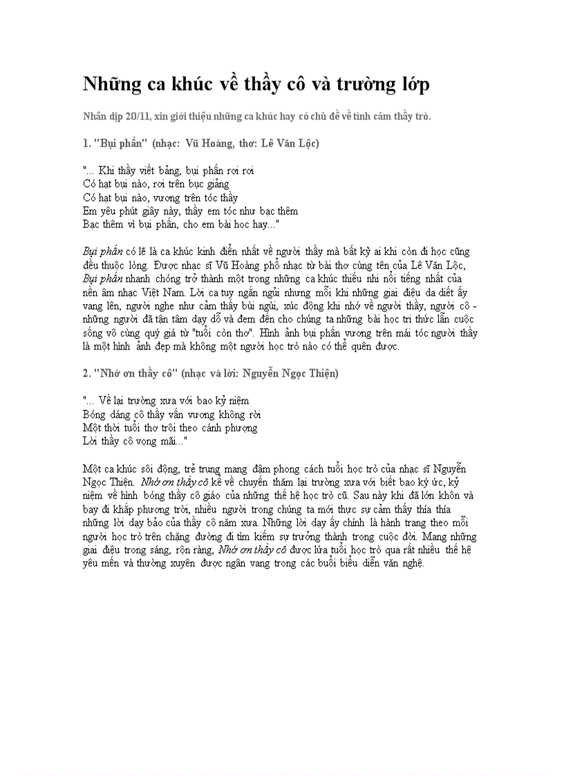 Nhung ca khuc ve thay co va hoc tro rat hay