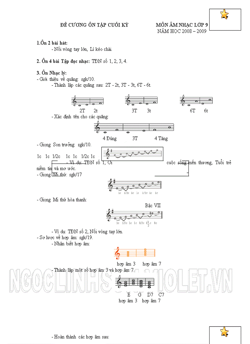 ÂN9 Đề cương ôn tập học kỳ II Âm nhạc 9
