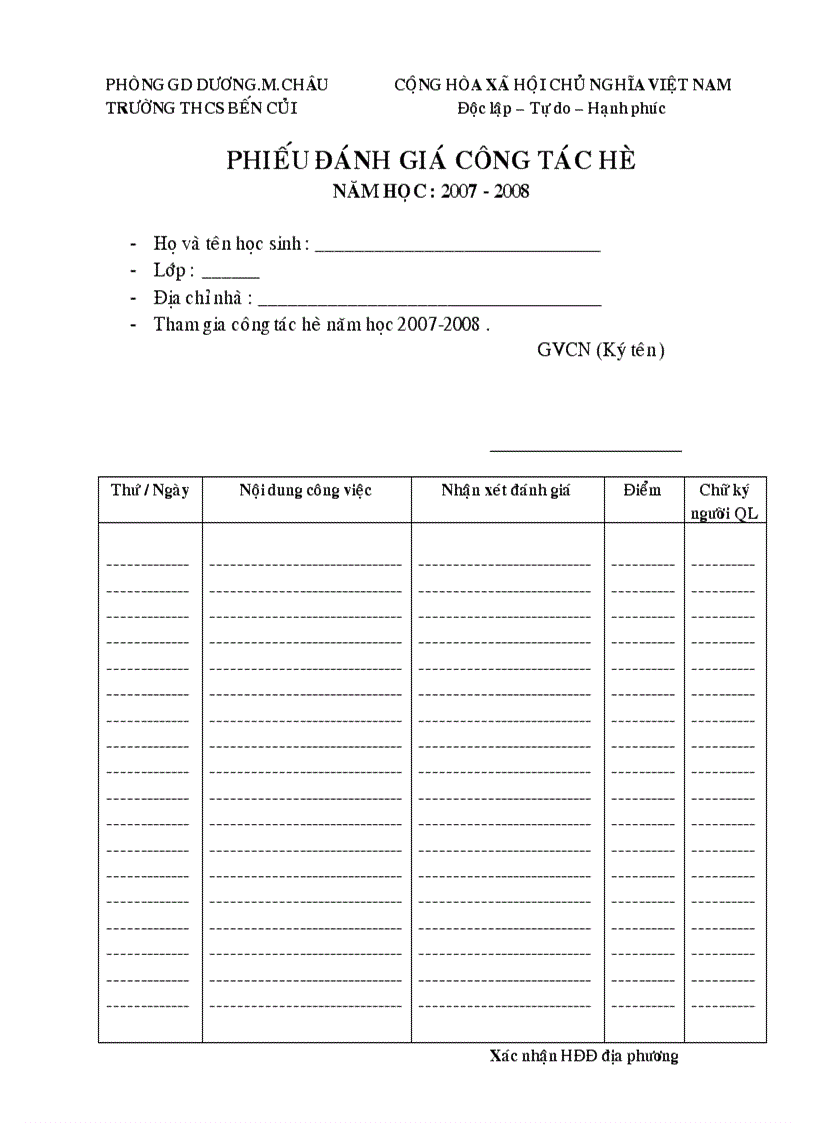 Phiếu đánh giá sinh hoạt hè của HS