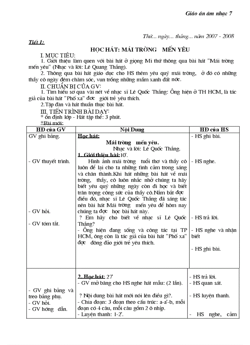 Giáo án âm nhạc7 cả năm