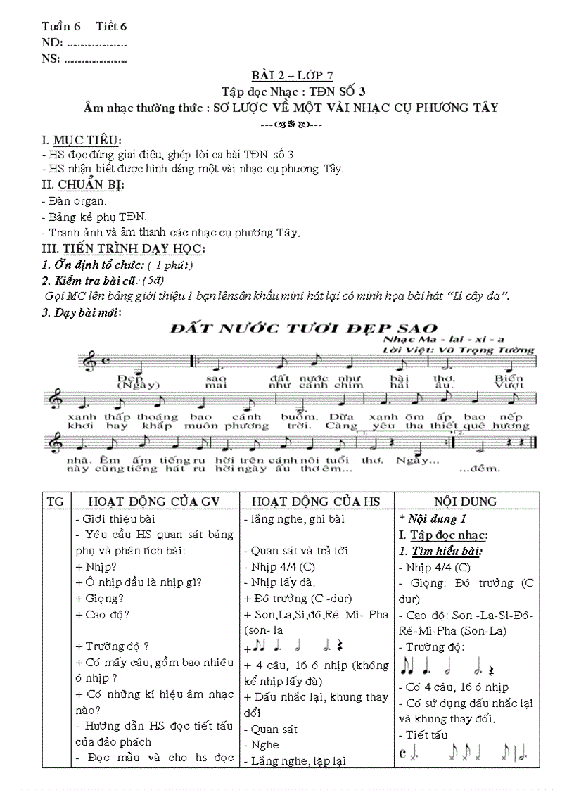 Nhạc lớp 7 tiết 6