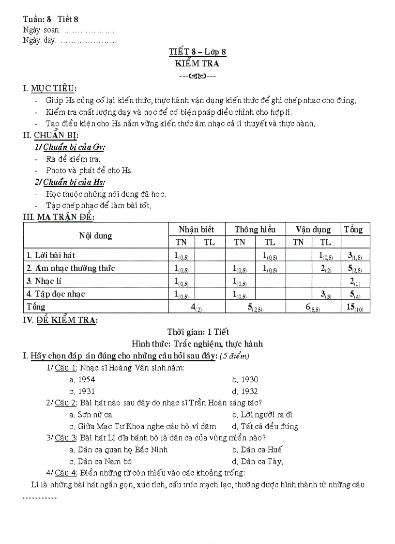 Nhạc lớp 8 tiết 8