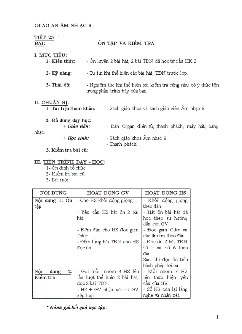 Giáo án Âm nhạc 8 tiết 25 26