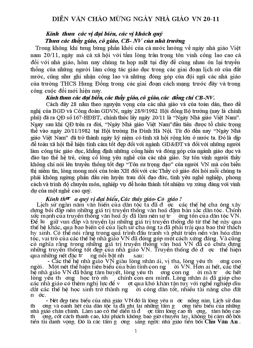 Diễn văn kỷ niệm ngày nhà giáo Việt Nam