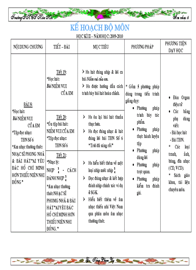 Kế hoạch bộ môn âm nhạc 6