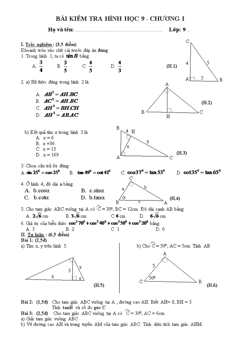 Đề KT chương I HH9