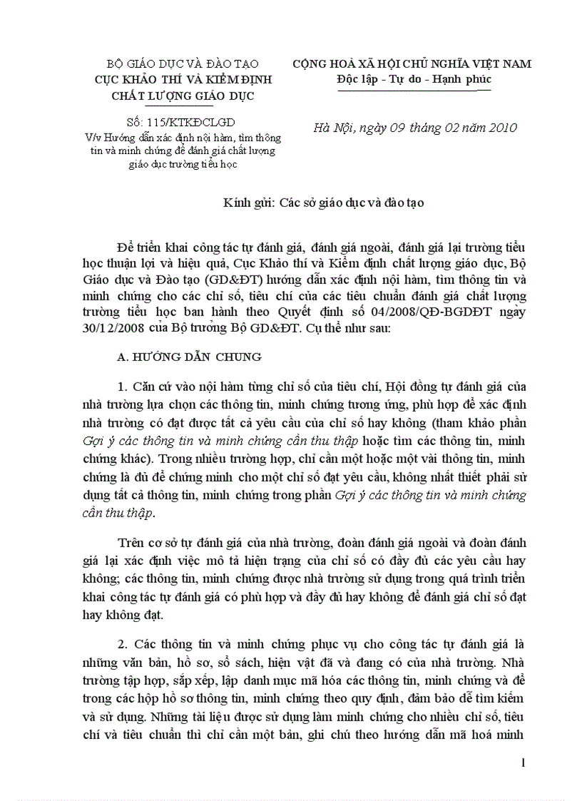 Công văn 115 2010 Hướng dẫn xác định nội hàm tìm thông tin và minh chứng để đánh giá chất lượng giáo dục trường tiểu học