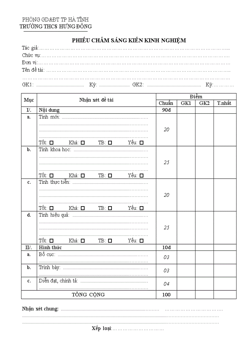 Biểu chấm SKKN