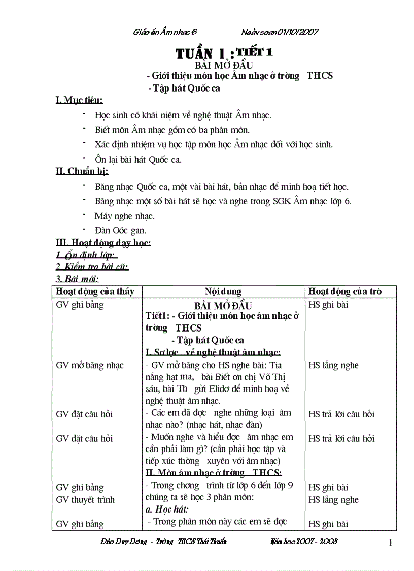 Giáo án âm nhạc lớp 6 hki