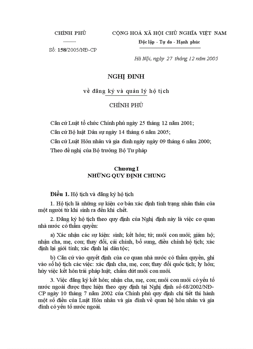 NĐ 158 2005 Về đăng ký và quản lý hộ tịch