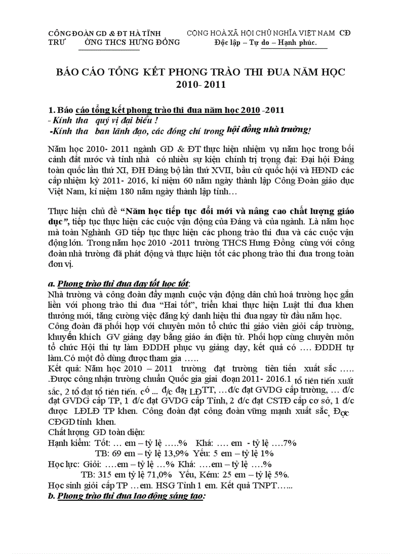 Báo cáo tổng kết phong trào thi đua năm học 2010 2011 phương hướng nhiệm vụ trong năm học mới