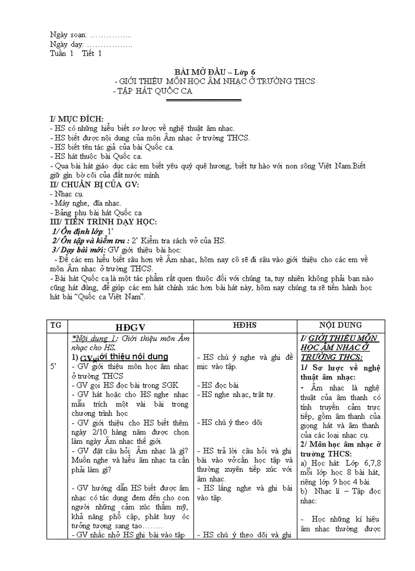 Nhạc lớp 6 tiết 1