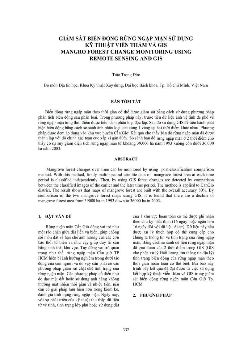 Giám sát biến động rừng ngập mặn sử dụng kỹ thuật viễn thám và GIS
