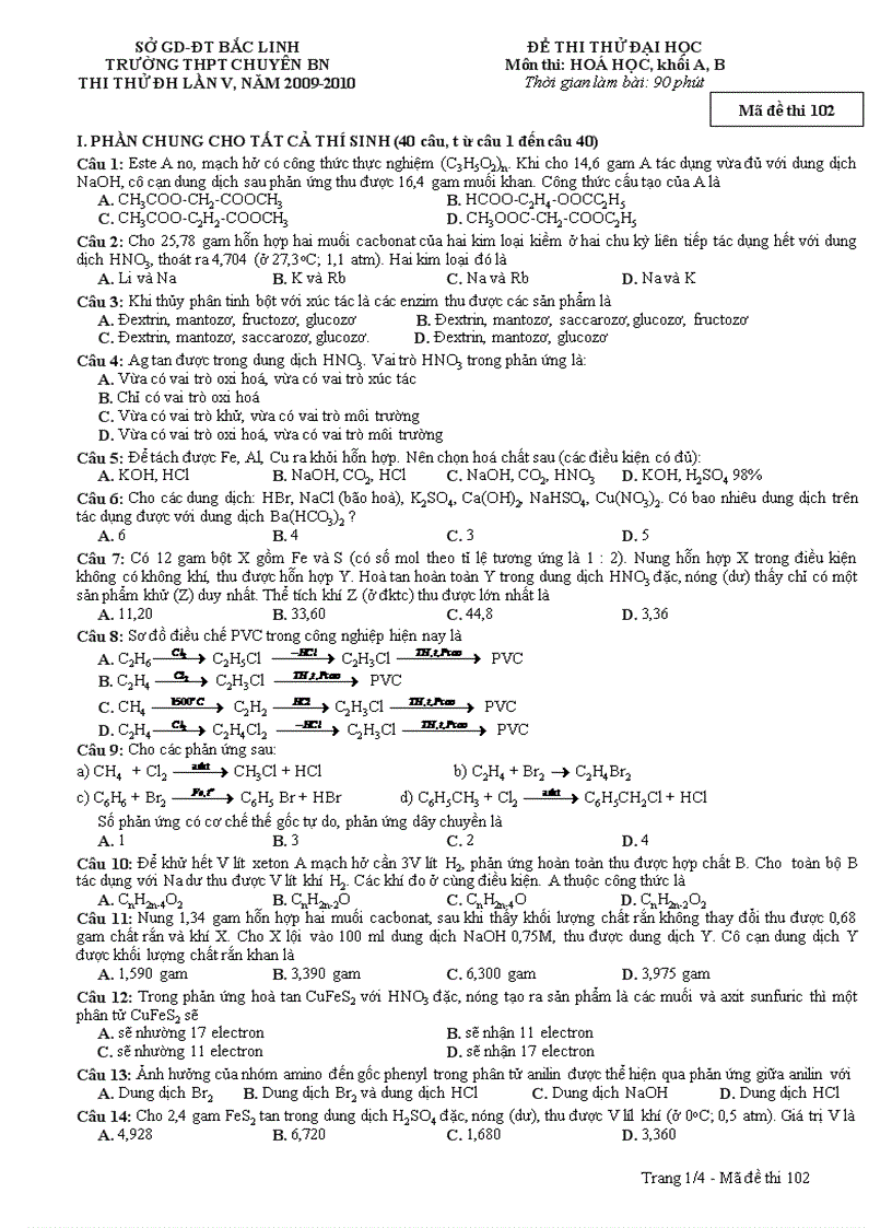 Đề thi thử đại học môn Hóa học trường chuyên Bắc Ninh 2010 lần 5