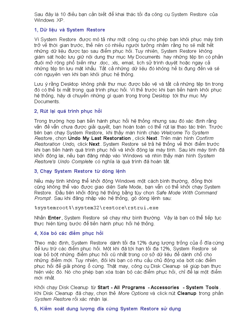 Cần biết về system restore