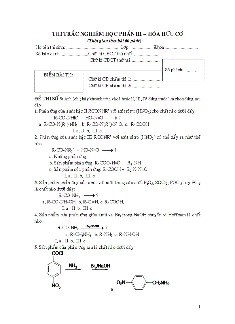 Đề thi trắc nghiệm học phần iii hóa hữu cơ