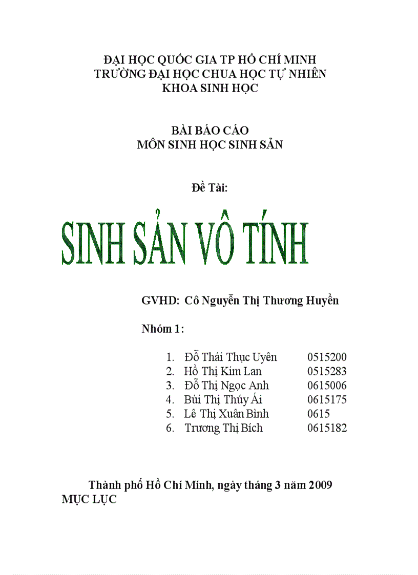 Báo cáo Sinh học sinh sản Sinh sản vô tính ở động vật