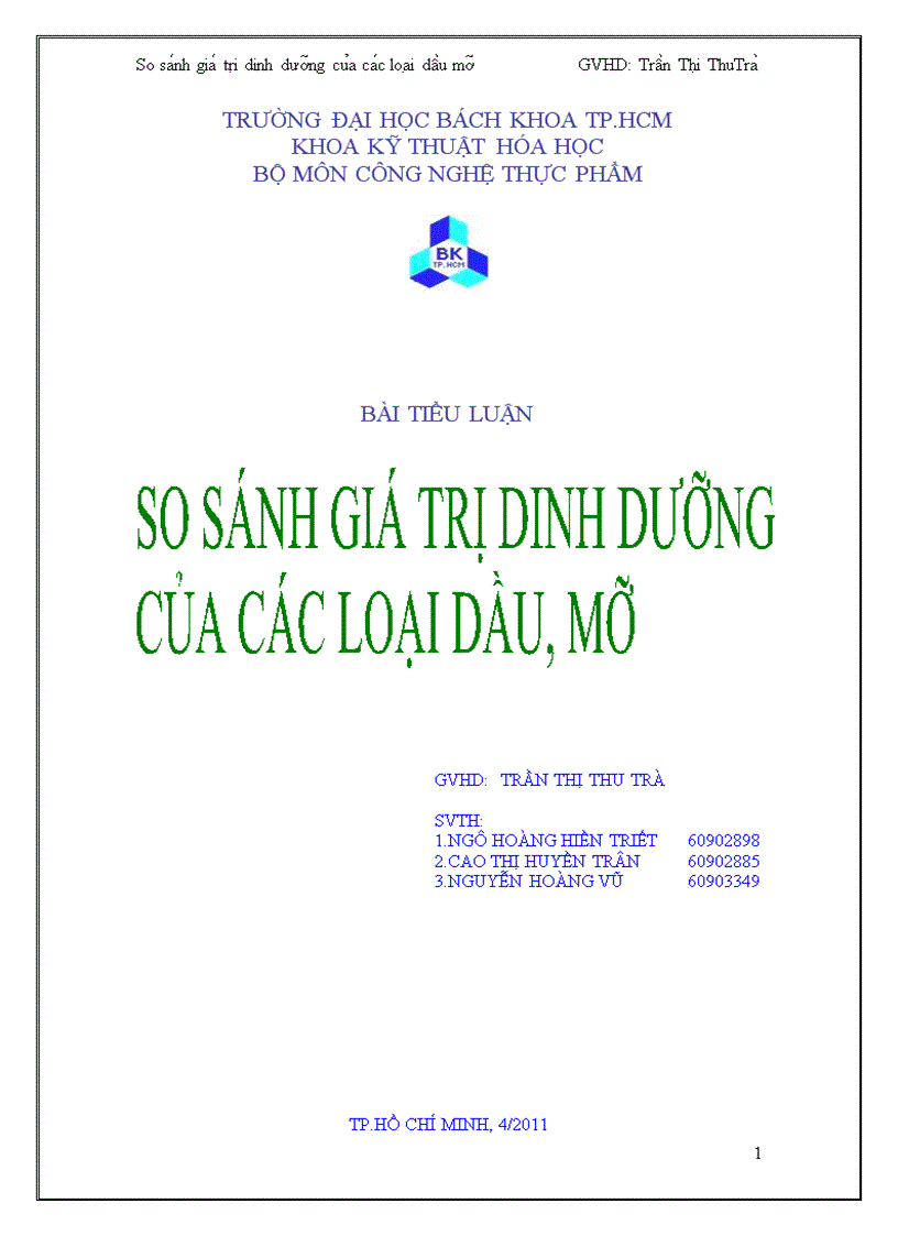 So sánh giá trị dinh dưỡng của các loại dầu