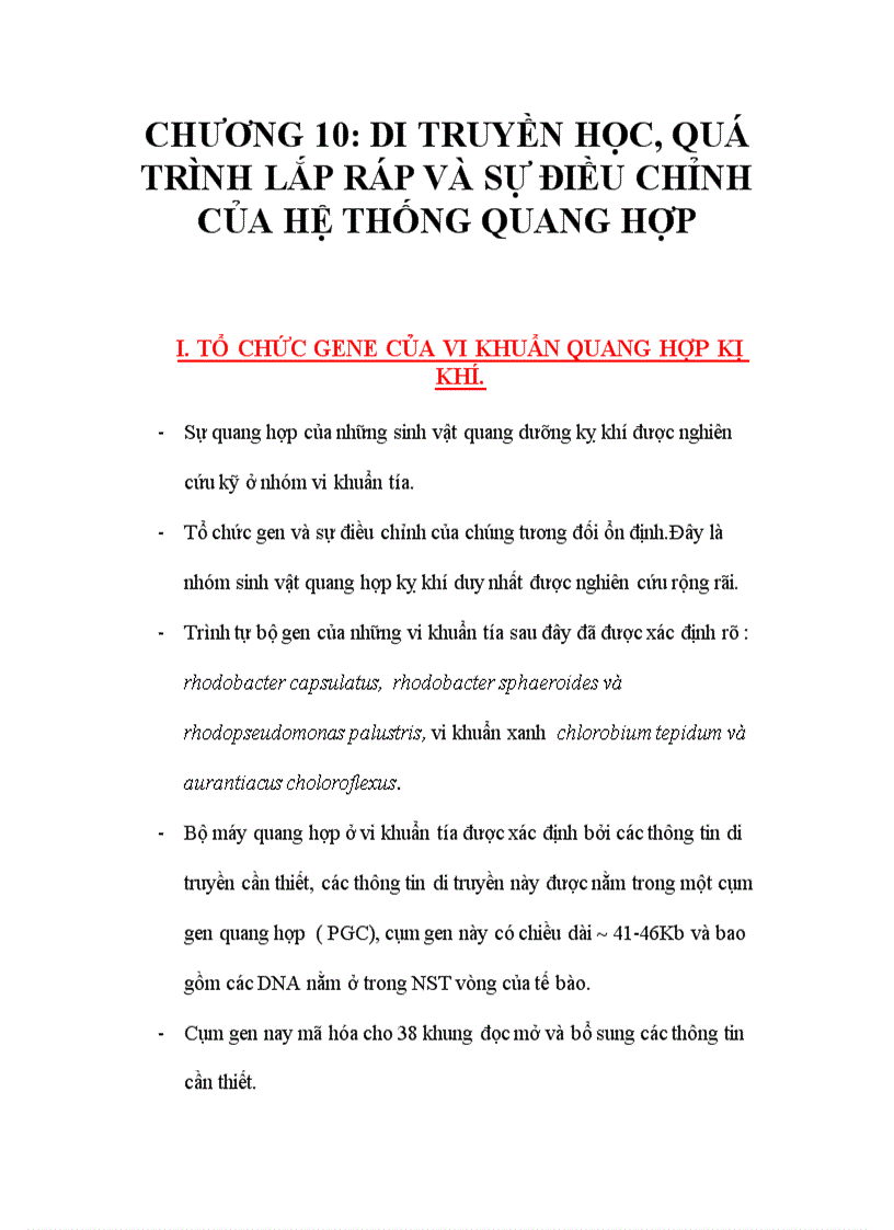 Di truyền học quá trình lắp ráp và sự điều chỉnh của hệ thống quang hợp