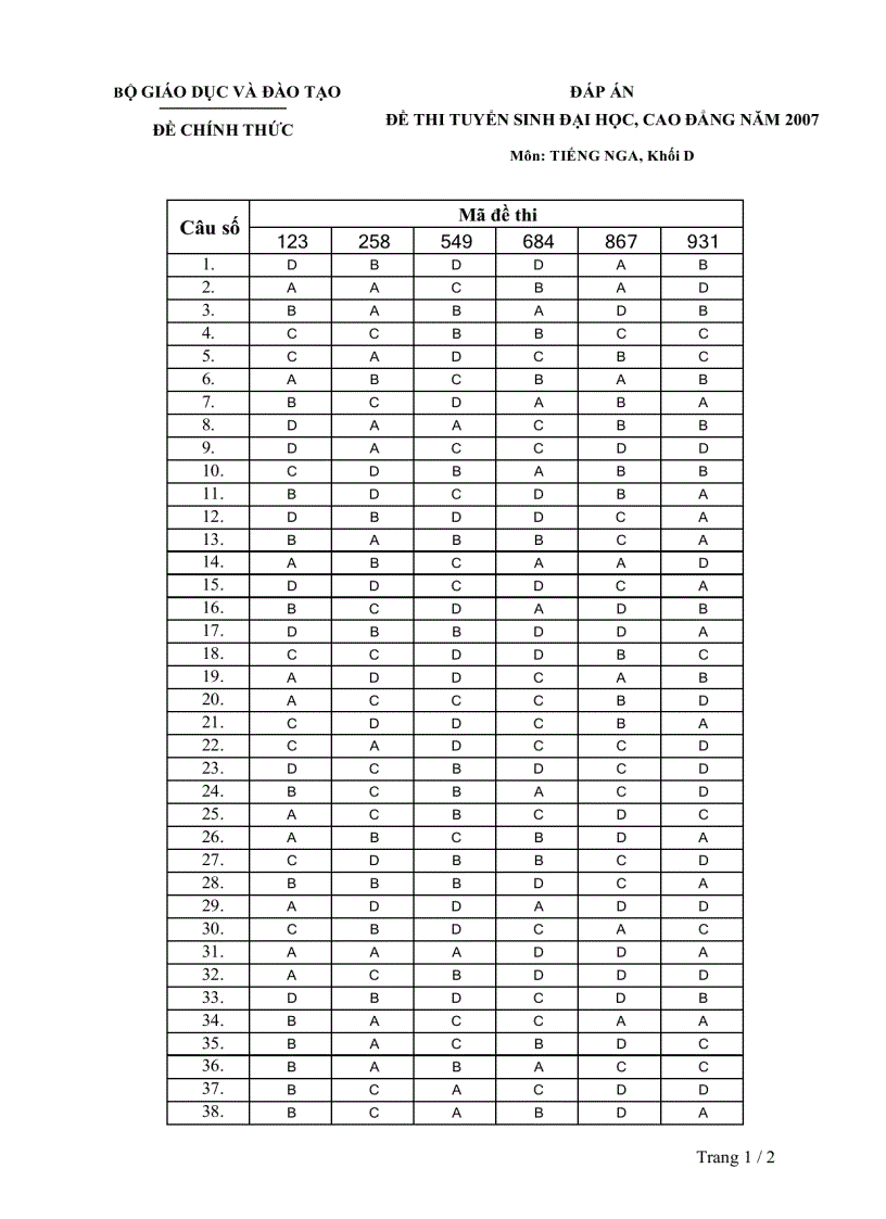 Đáp án đề thi đh nga 2007