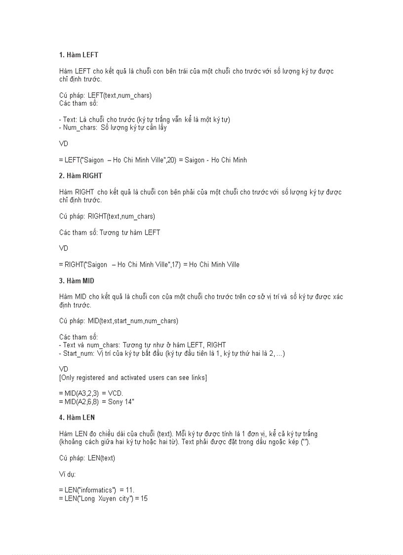Các hàm thông dụng trong excell