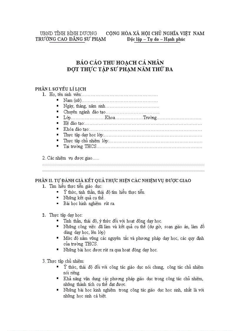 Mẫu Báo cáo thu hoạch đợt thực tập sư phạm năm học 2008 2009