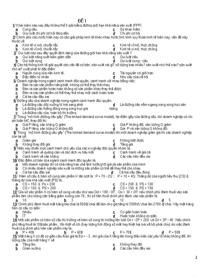 16 đề thi kinh tế vi mô trắc nghiệm