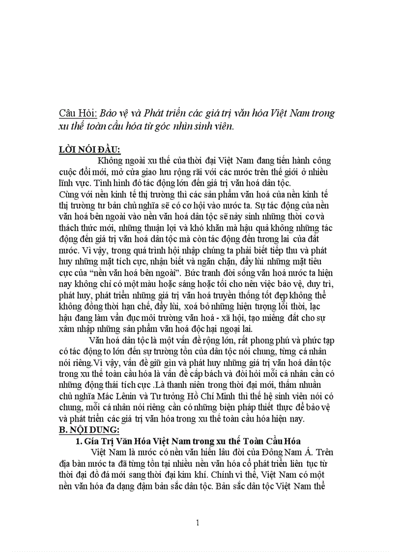 Bảo vệ và Phát triển các giá trị văn hóa Việt Nam trong xu thế toàn cầu hóa từ góc nhìn sinh viên