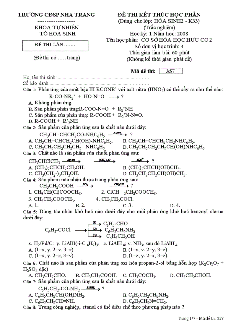 Đề thi trăc nghiệm cơ sở hóa hữu cơ ii