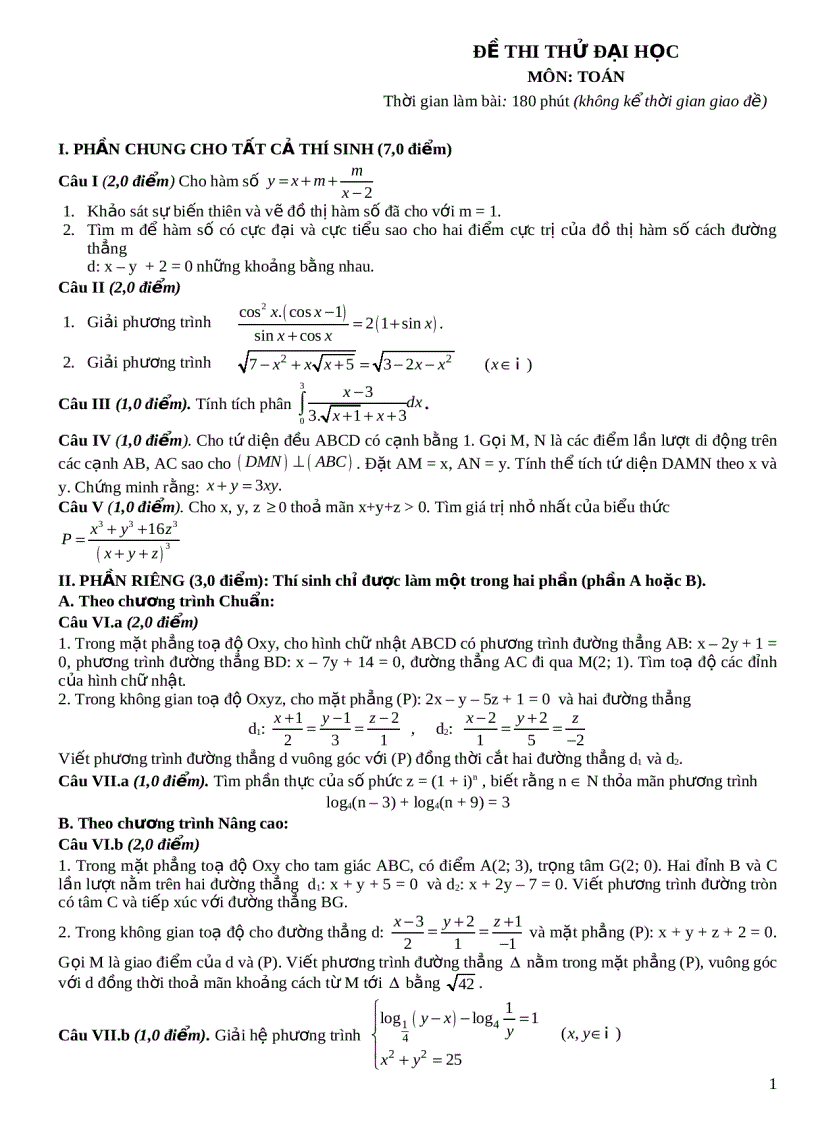 Đề thi thử đại học môn toán có đáp án