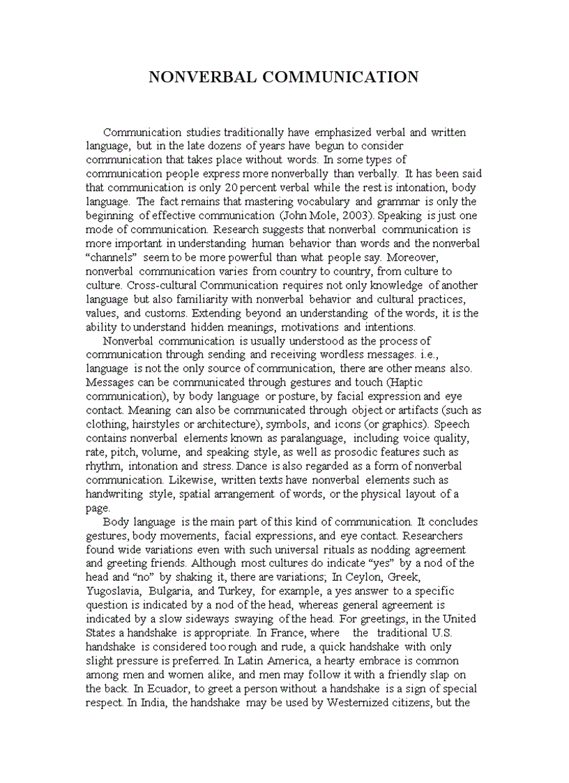 Nonverbal communication Interculture