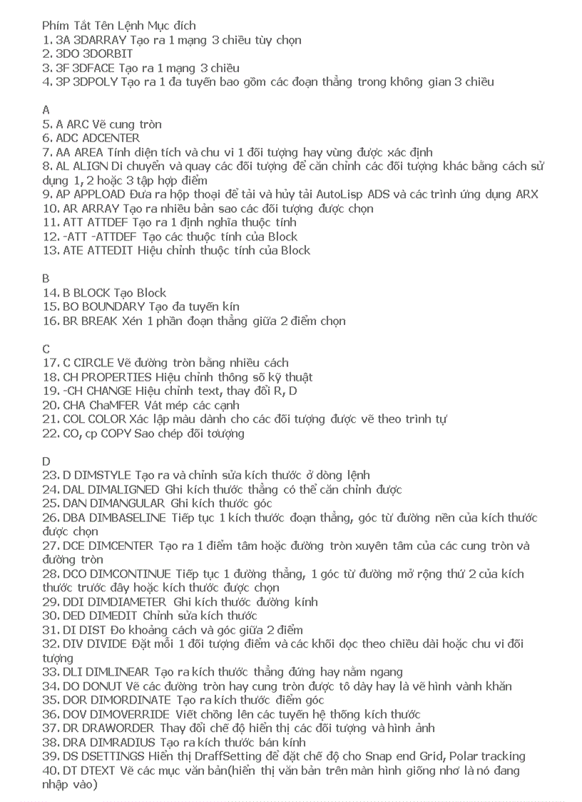 Một số lênh tắt trong autocad