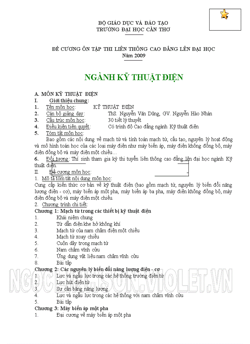 Kỹ thuật điện Đề cương ôn tập thi liên thông Cao đẳng lên Đại học
