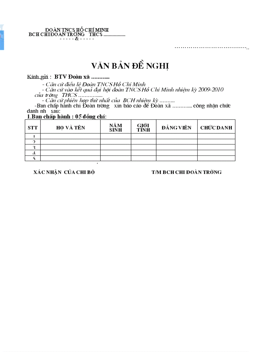 Văn bản đề nghị btv đoàn xã