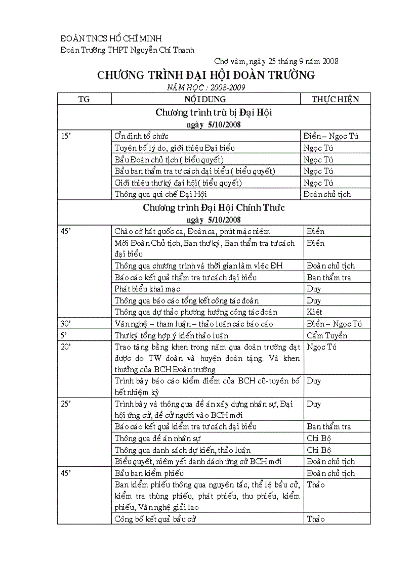 Kịch bản đại hội đoàn trường