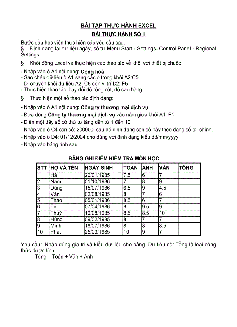 Bài tập Excel 1