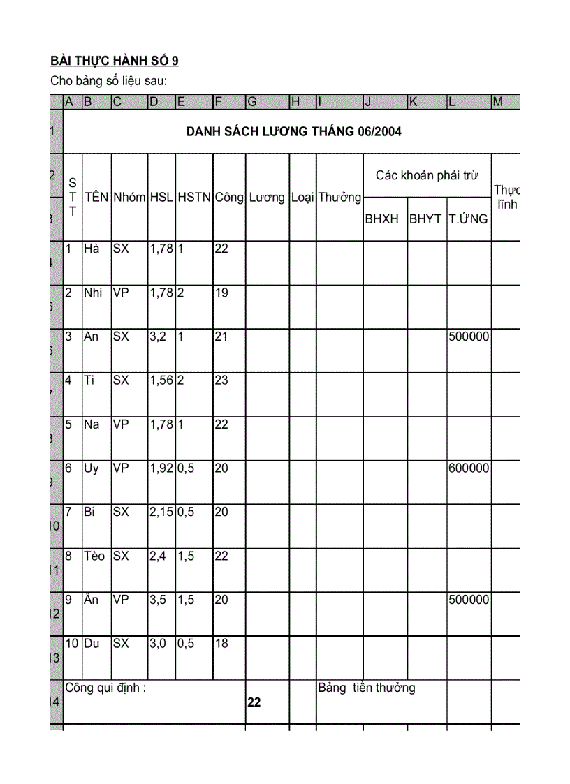 Bài tập Excel 2