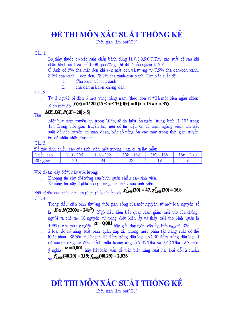 Đề thi Xác suất thống kê